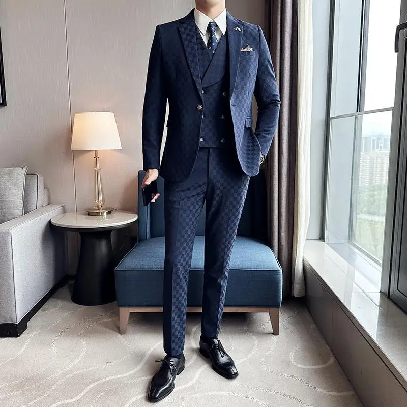 2-A66  Men\'s three-piece suit slim-fit jacket plaid small suit professional formalhandsome wedding dress trendy