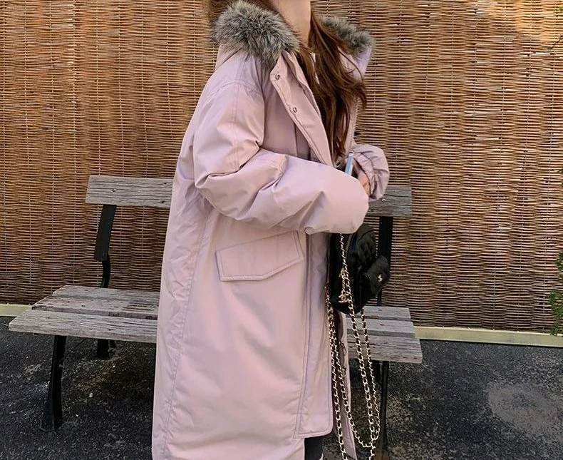 2025 nouveau col de fourrure vers le bas coton vêtements longs sur le genou hiver épaissi chaud pour surmonter coton manteau corne boucle