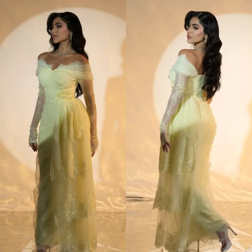 

High Quality Customized Floor Length Yellow Backless Ankle Length Three Quarter Vestidos De Fiesta Para Bodas فساتين السهرة