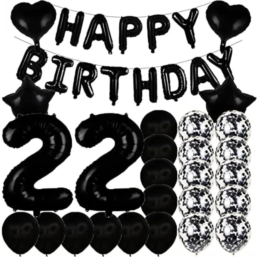 Decoraciones dulces para el 22 cumpleaños, suministros para fiestas, globos negros número 22, globos de Mylar de aluminio, decoración de globos de látex, ideal