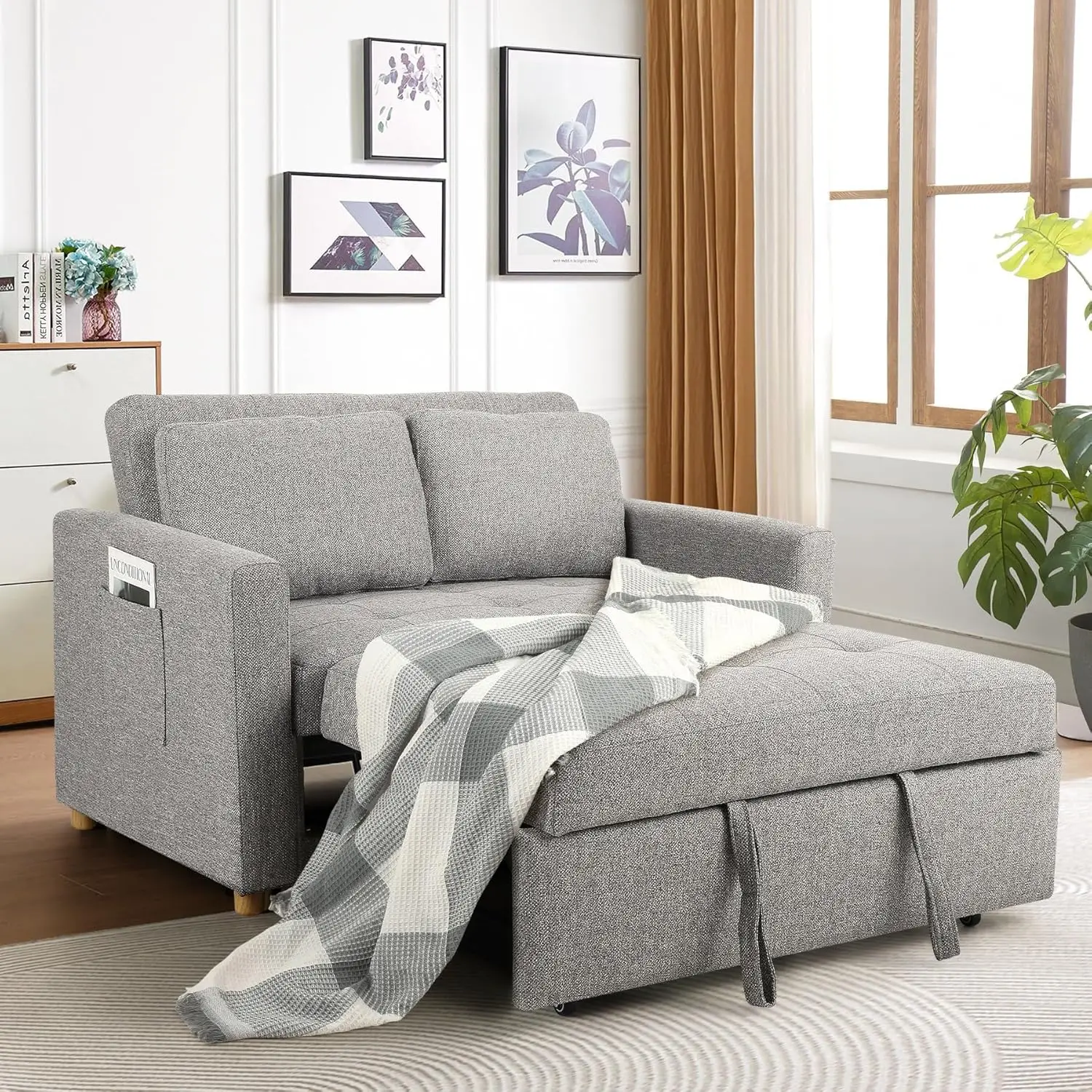 

Convertible Sofa Bed 3-in-1 Sleeper Sofa Pull Out Couch Bed 2-Seater Linen Fabric Loveseat Futon Sofa with Spring Support Grey