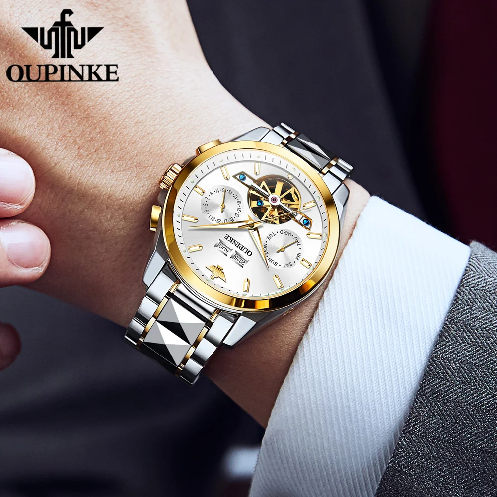 OUPINKE 3290 Mens Watch Luxury Automatic Mechanical Watch﻿ Multifunctional Chronograph 50M Waterproof Perpetual Calendar Watch