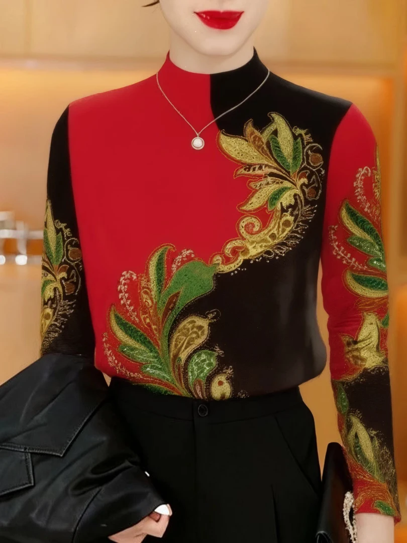 

Утепленная флисовая кофта с длинным рукавом и цветочным принтом, с воротником-стойкой, для женщин среднего и старшего возраста, модная, скрывающая живот...