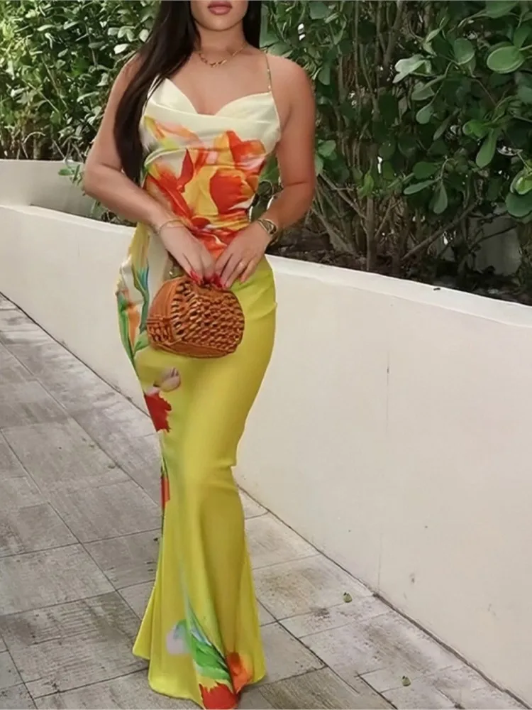 Été couverture Ups femmes maillot de bain Spaghetti sangle Robes maillot de bain 2026 nouvelle fleur impression plage vacances Maxi Robes couverture