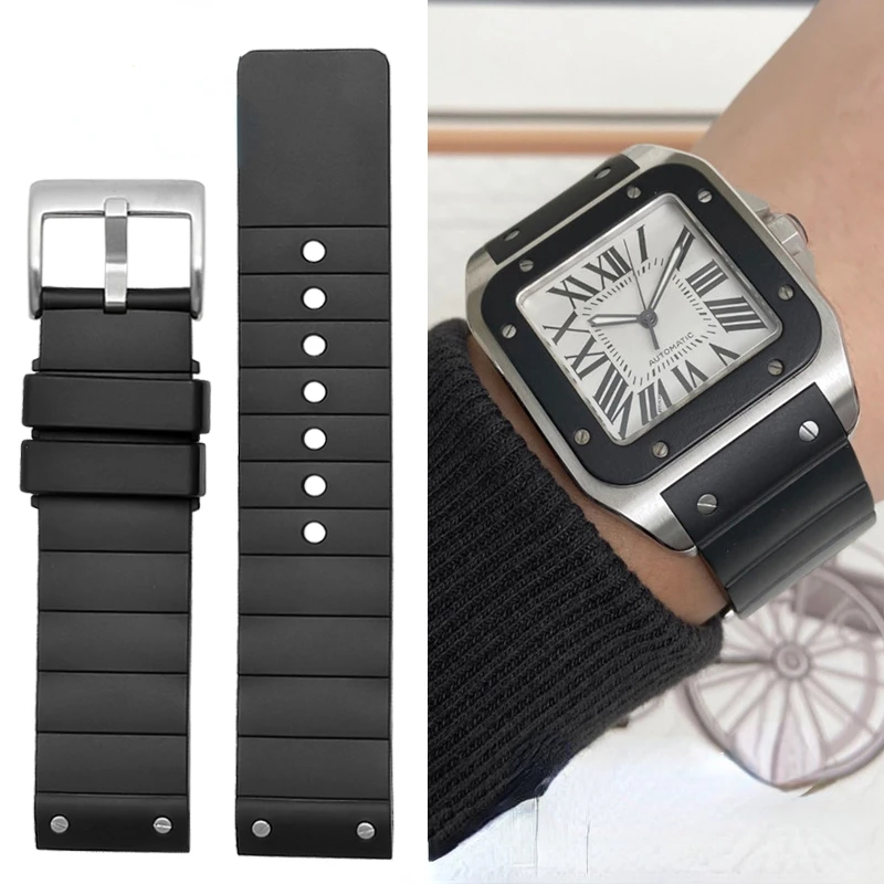 For Cartier Santos Sandoz 100 rubber watchband black Rivet silicone strap 20mm 23mm watch band men women soft  Rubber bracelet