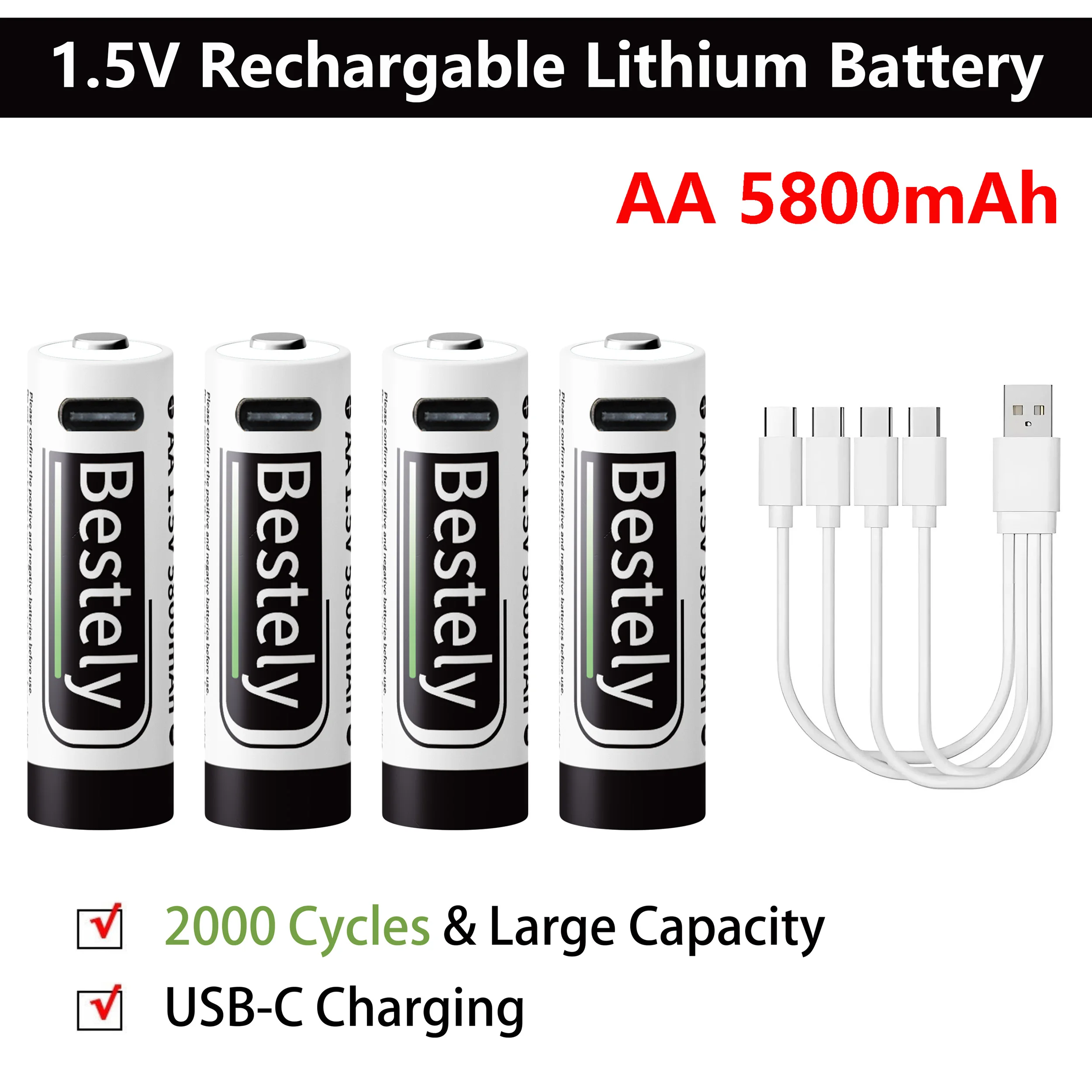 

Bestely Батарея AA 1,5 В 5800 мАч Литий-ионная аккумуляторная батарея для быстрой зарядки Литий-ионный аккумулятор 2000 циклов с кабелями порта USB-C