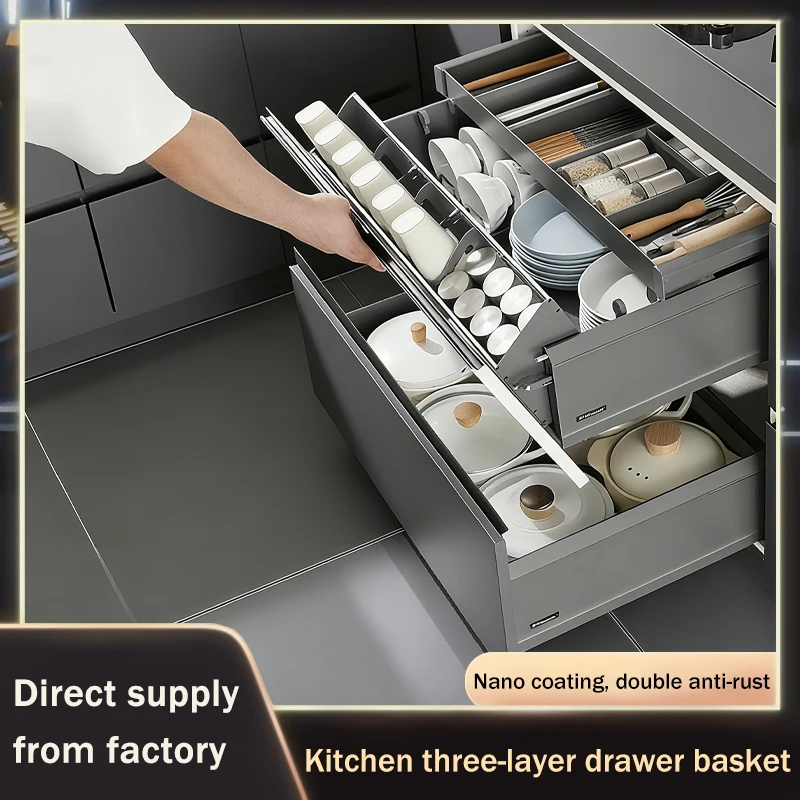 Summit-cesta de cocina extraíble de 3 niveles, organizador de cajones con bandeja para cubiertos, armario de almacenamiento completo de aleación de aluminio para platos y sartenes