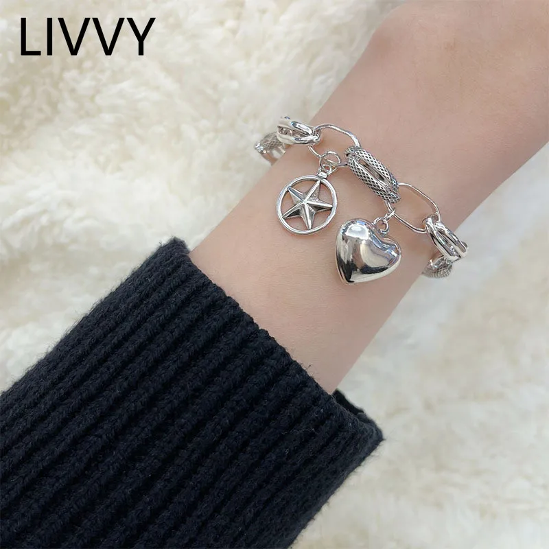 

LIVVY Silver Color Vintage LOVE Heart Star Pendant Bracelet for Women Girl Fashion Hip Hop Party Jewelry