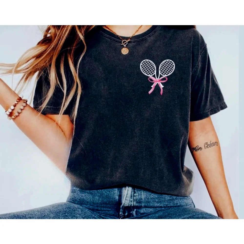 Tennis Coquette Shirt Tennis Enthusiast Women Tshirt Game Day Sports Shirt Fashionable Casual Summer Round Neck Short Sleeve