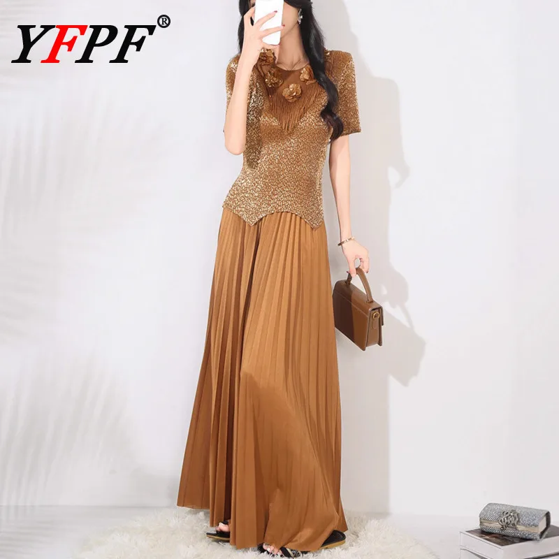 

YFPF Miyake Pleated Women Two Piece Set Bronzing 3D Floral Spliced T-shirt + Folds Long Skirts Elegant 2025 New Clothing