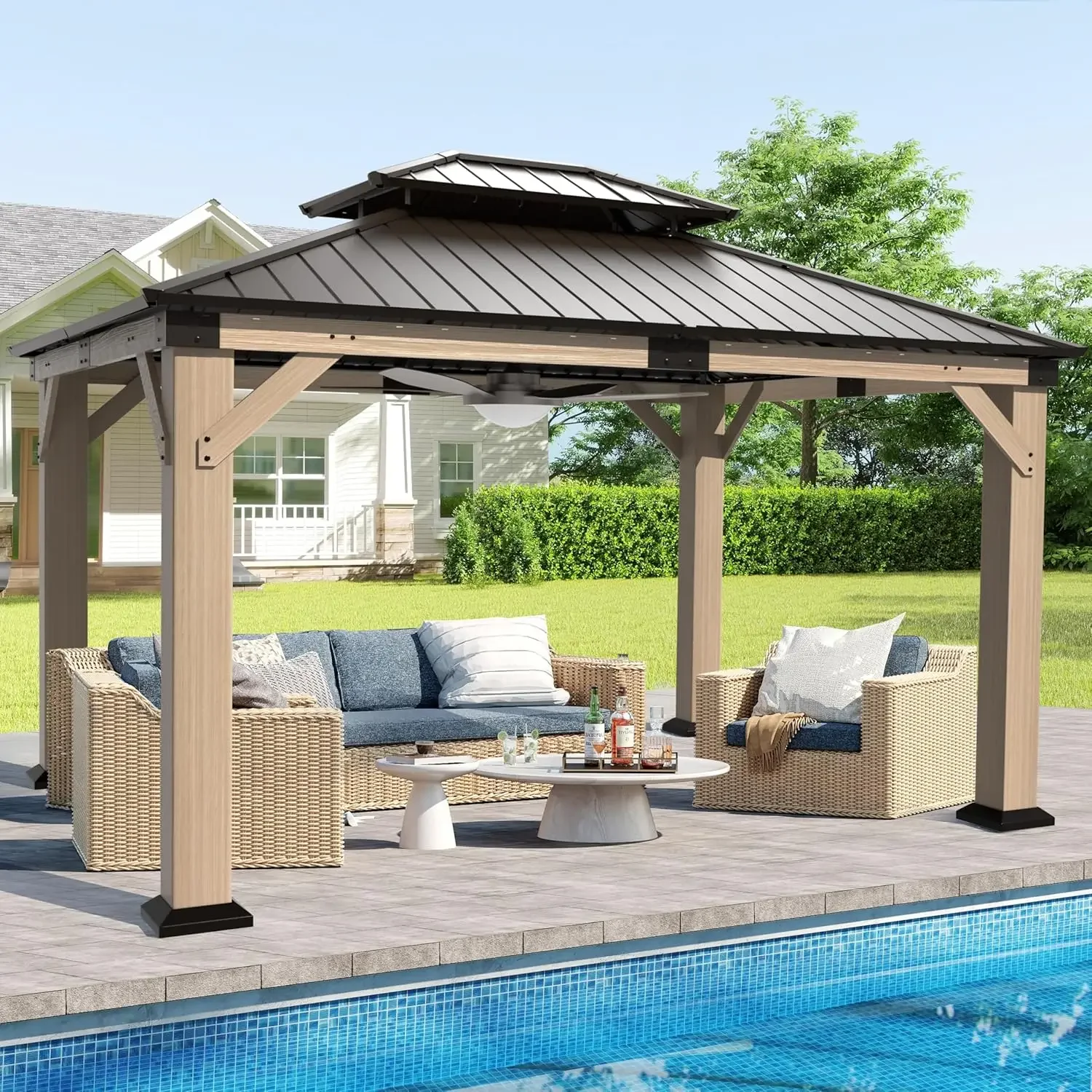 

Cedar Double Roof Hardtop Gazebo Permanent Pavilion Galvanized Steel Patio Backyard Garden Weather-Resistant 10x12, Custom