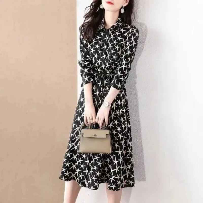 Polo Collar Plus Size Fat Shirt Dress with Drawstring Waist Cinching for Slimming Effect Mid Length Dress That Covers the Belly