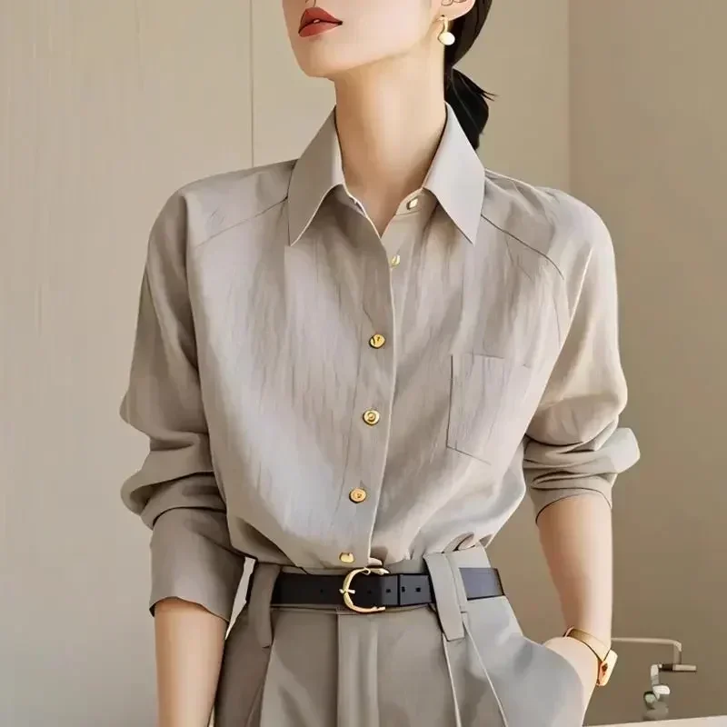 

French Simple And Versatile Gray Collar Long-sleeved Shirt For Women Versatile Professional Temperament Bottoming Shirt