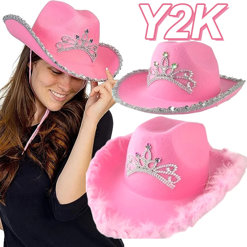 Pink West Cowgirl Hats for Women Cow Girl Hats Tiara Feather Felt Western Sequin Cowboy Hat Costume Party Play Dress Cap