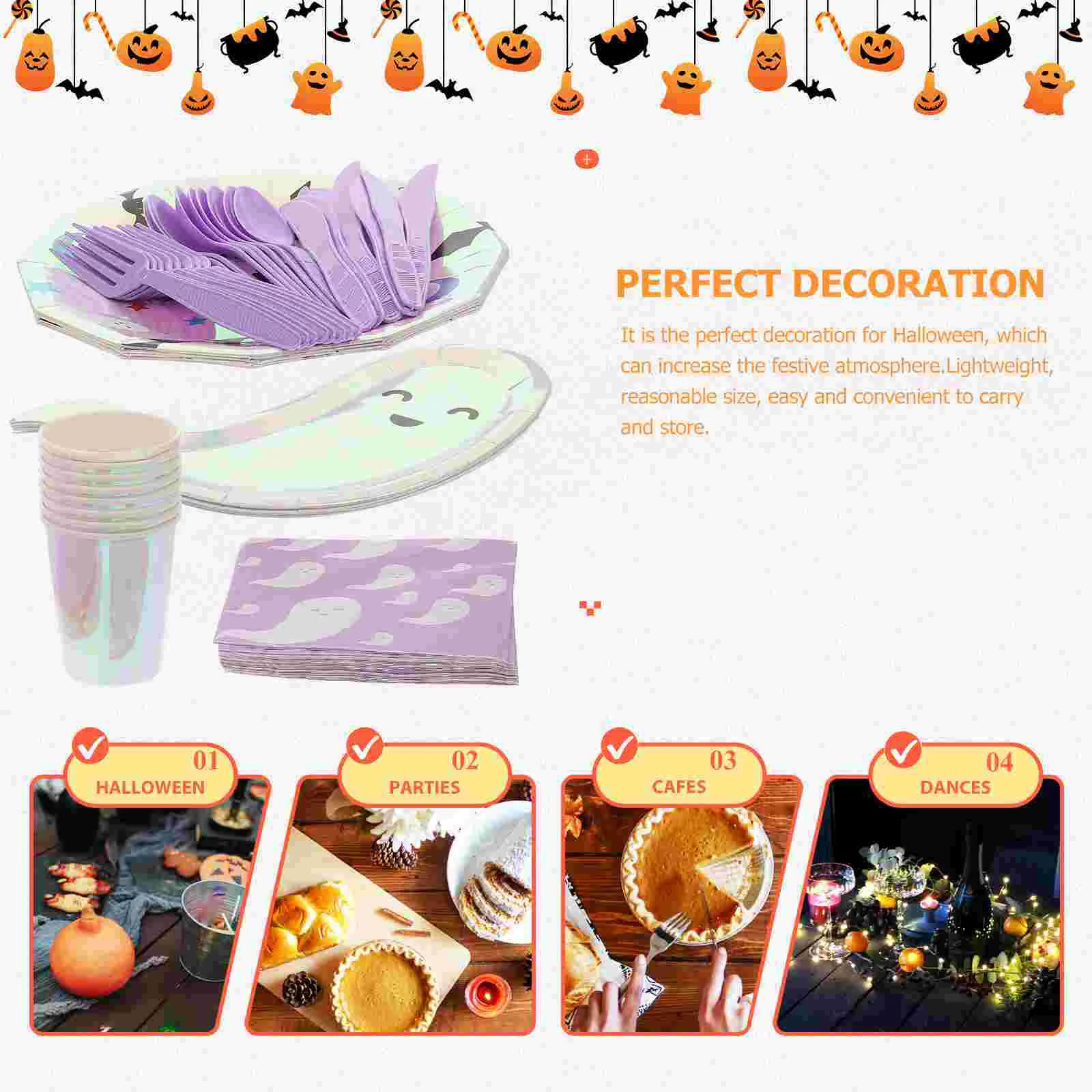 68pcs Disposable Tableware Set Octagon Plates Ghost Plates Cups Knives 8 Forks 8 Spoons 20 Napkins Halloween Party Supplies