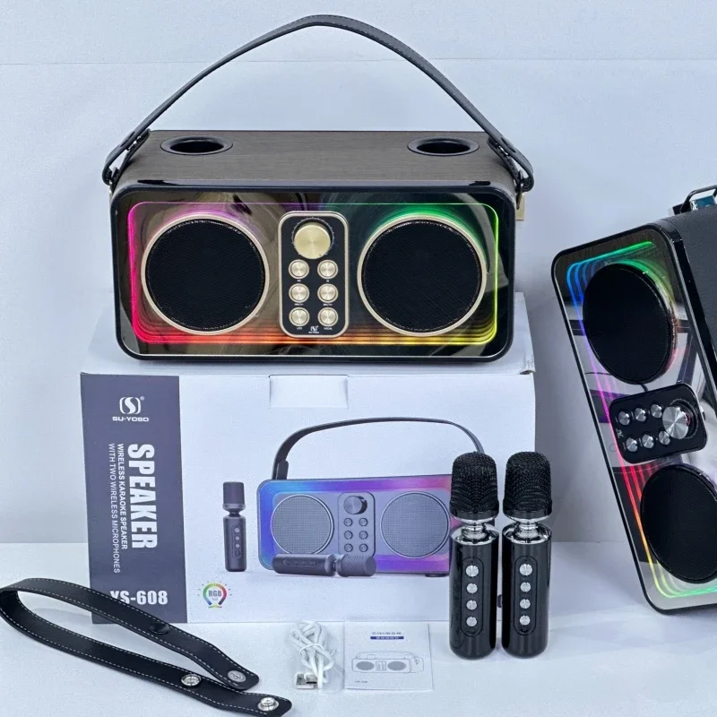 Máquina de Karaoke de 30W con 2 micrófonos inalámbricos, altavoces Bluetooth, juego KTV con efectos de lámpara de espejo RGB Abyss, micrófono de mano