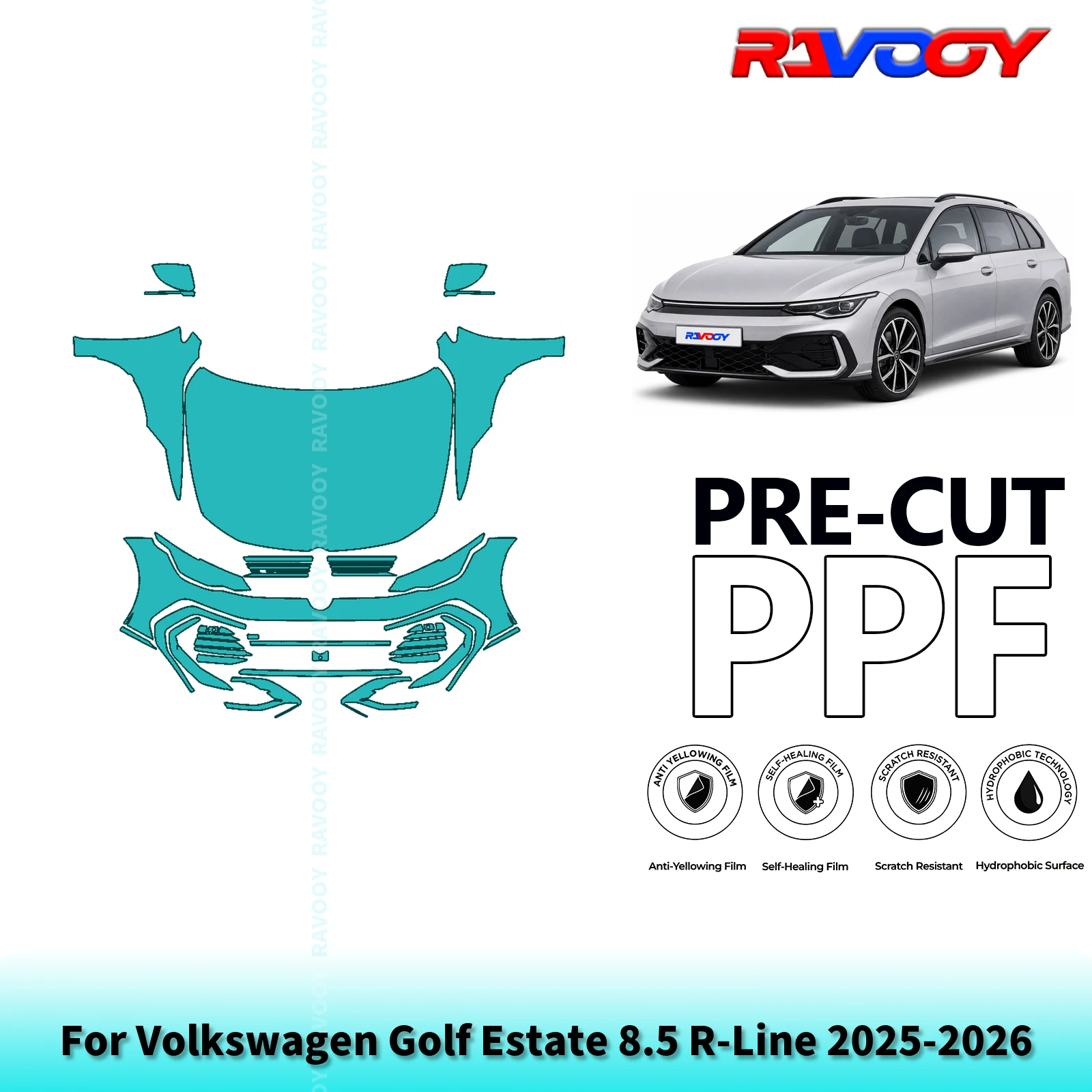 For Volkswagen Golf Estate 8.5 R-Line 2025-2026 Full Front Pre-Cut Paint Protection Film PPF Stone Chip Kit | Clear/Matte/Black