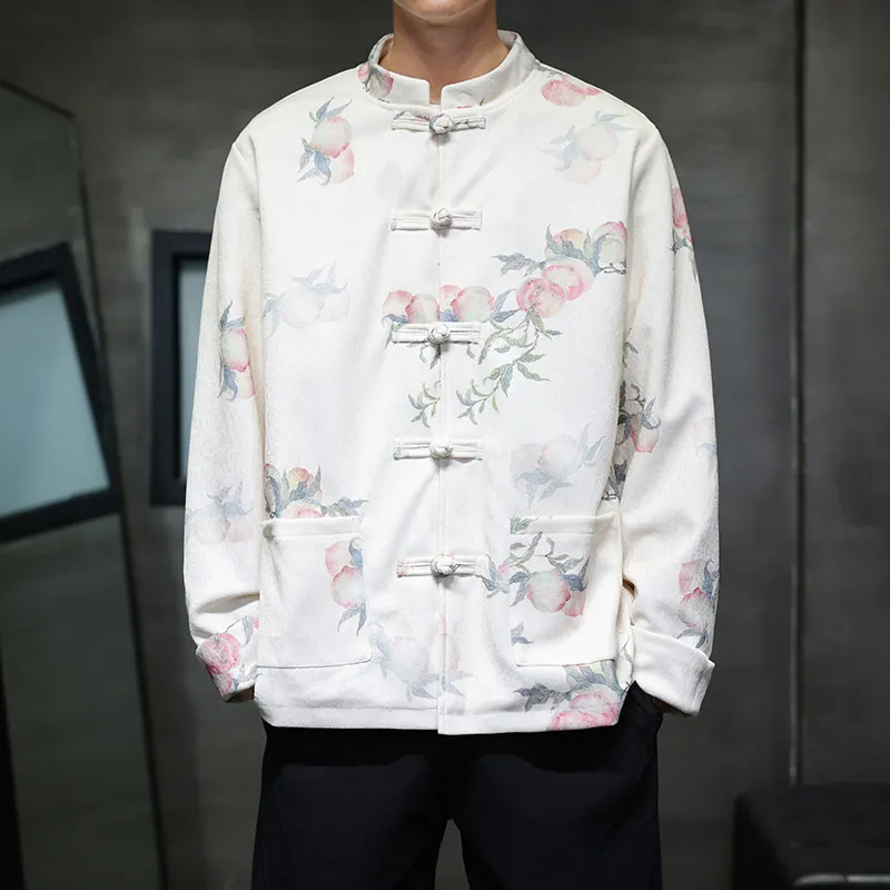 

Новый китайский свободный повседневный костюм Long Sve, мужское джаевое пальто в стиле ретро с сливовым принтом Hanfu Tang, осенне-зимнее пальто из полиэфирного волокна