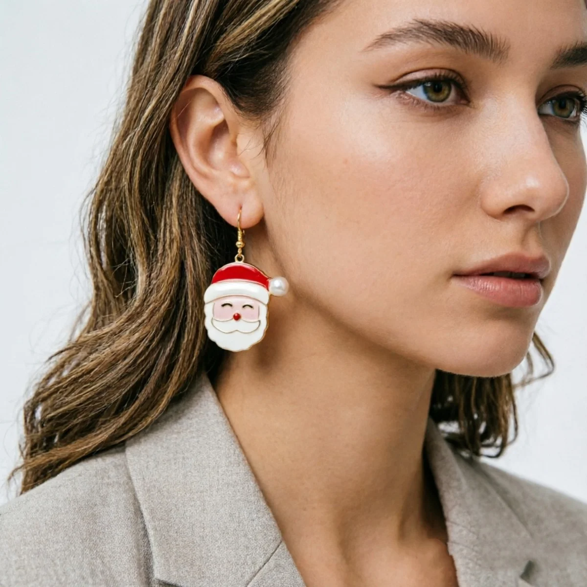 Niedliche, zwinkernde Weihnachtsmann-Ohrringe mit Bart für Damen, Cartoon-Lebkuchen-Weihnachtsbaum-Schleifen-Glühbirnen-Ohrringe, Schmuck – Detail 18