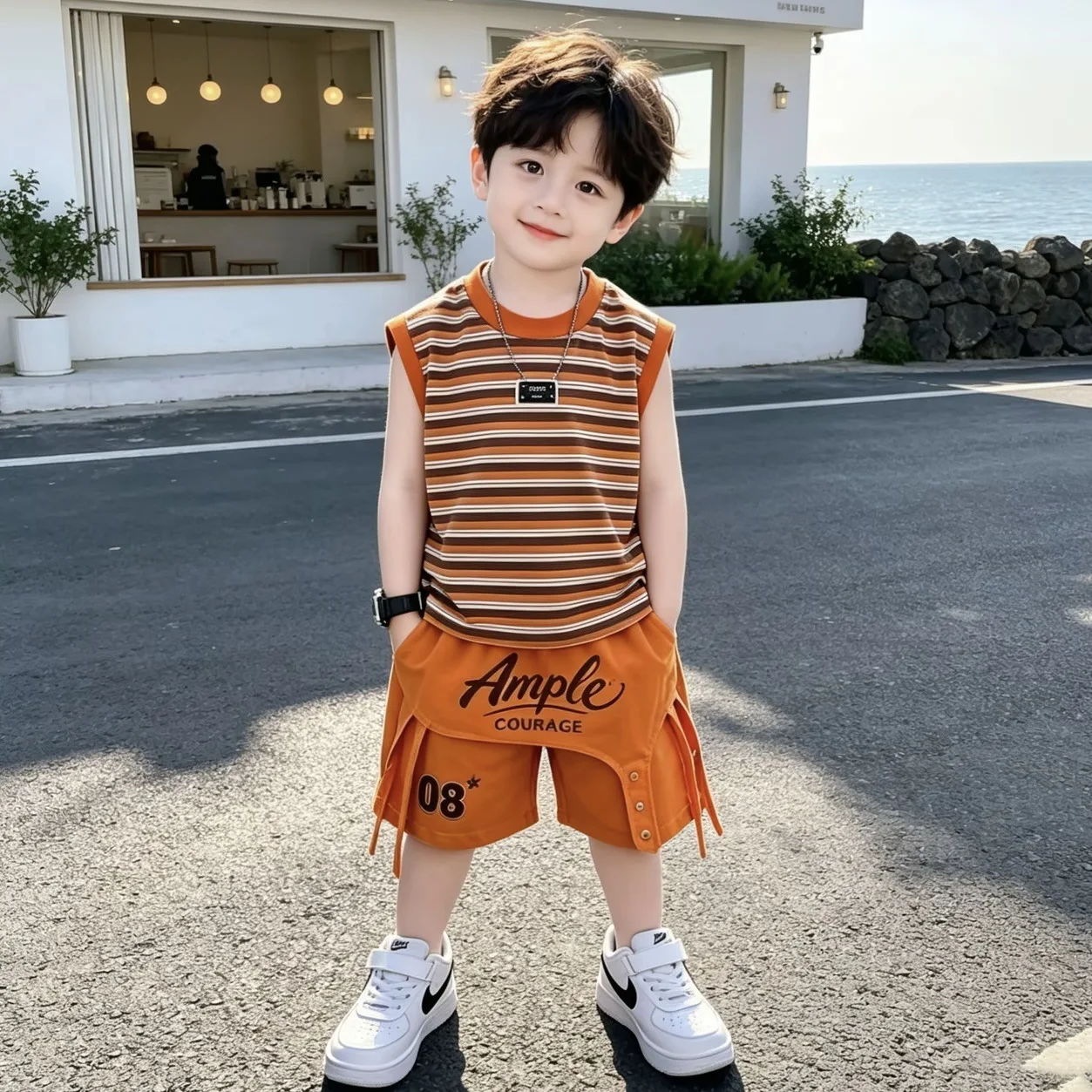 

Children Boys Vest 2PCS Clothes Set Bellbell Summer Striped 2-10Y Boy Tank Top Suit Thin Letter Printed Kids Boys Shorts Outfits