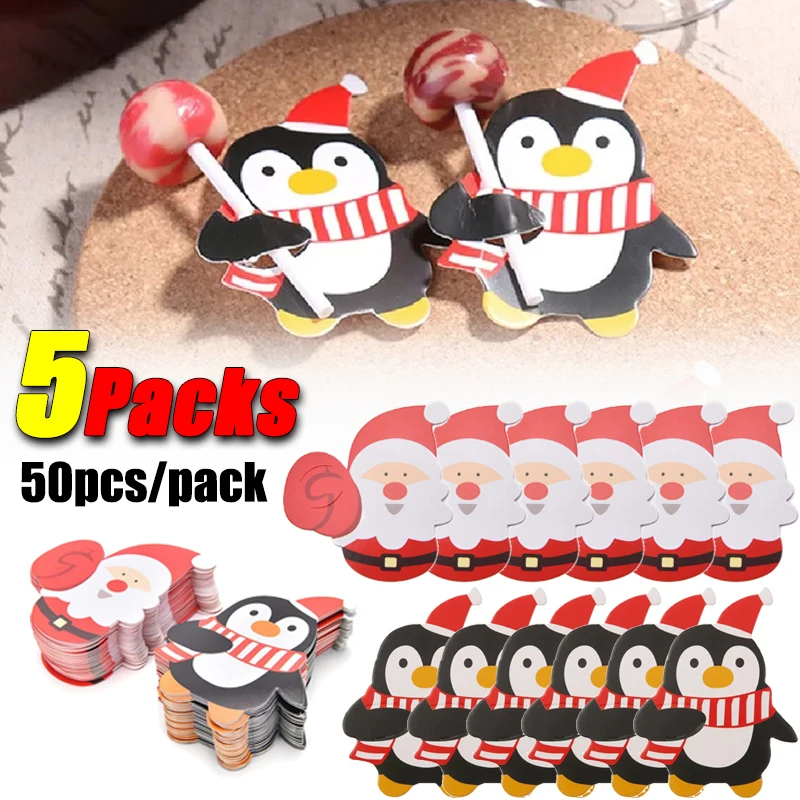 5Packs Christmas Candy Gift Wrap Christmas Lollipop Paper Card Holder Santa Penguin Candy Gift Wrap New Year Party Supplies