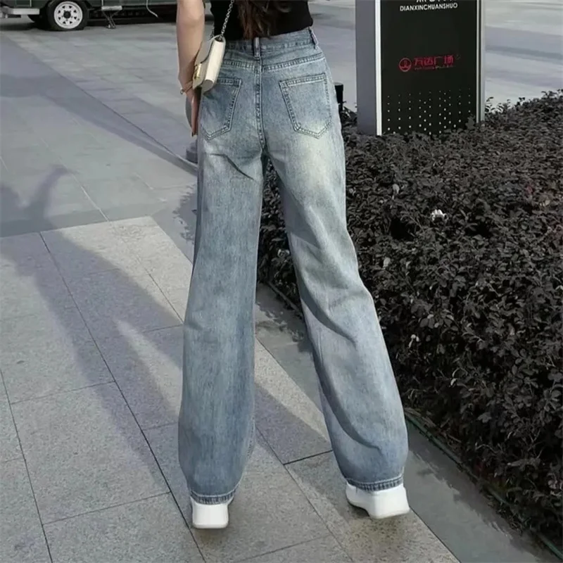 

Весенне-осенние женские широкие ковбойские брюки с дырками, женские повседневные джинсовые брюки с высокой талией в стиле ретро, 2025 г., женские модные прямые джинсы