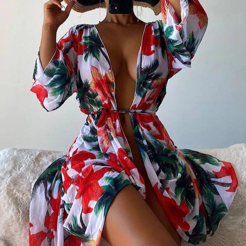 Summer New Trend Print Three Pieces Bikini for Women 2024 High Waist Swimsuit Cover Up Swimwear Biquini Bathing Suit Beach Style