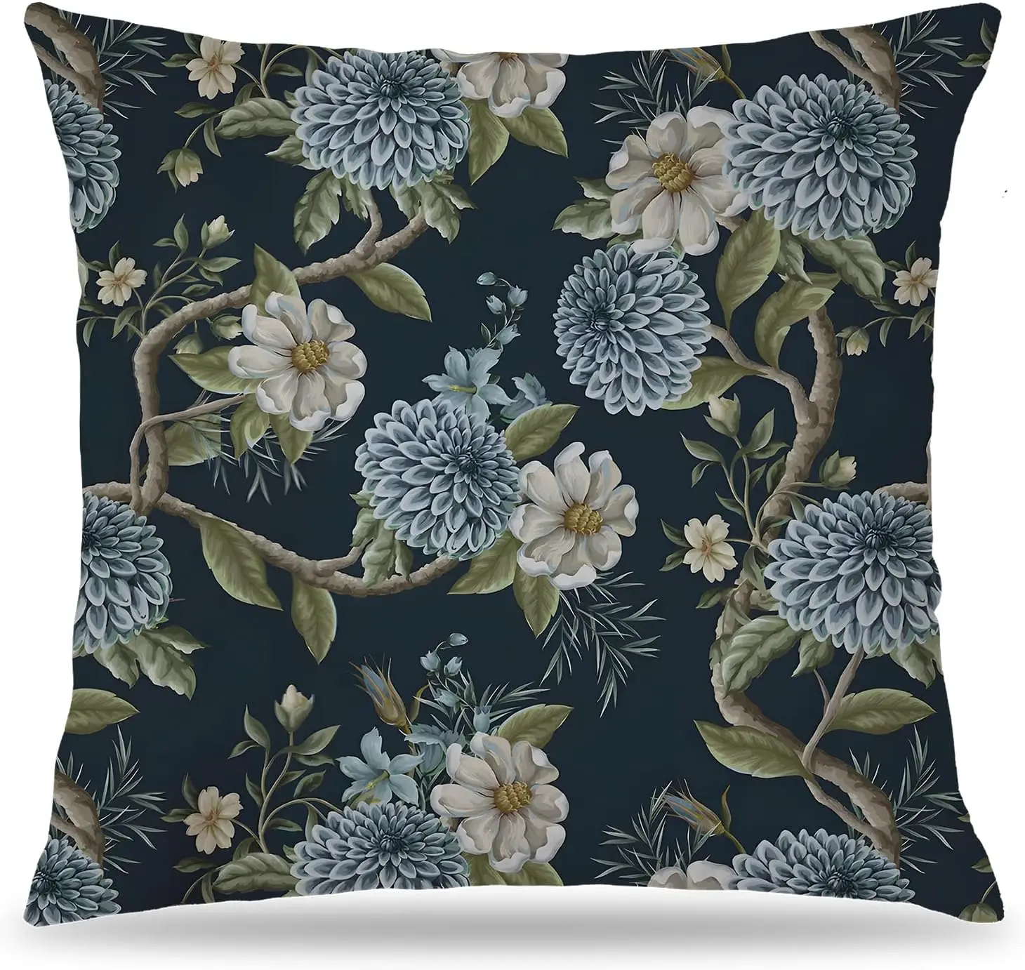 Elegant Blue and White Floral Pillow Covers 18x18 Double-Sided, Flower Room Decor, Grandmillennial Rustic Cottagecore Flower