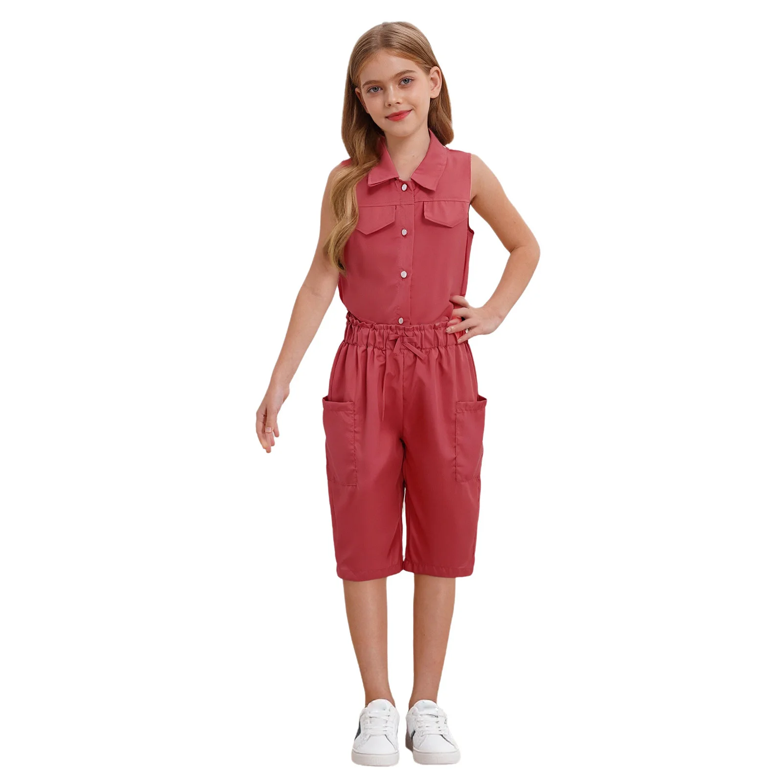 

Kids Girls Casual Clothes Outfit Sleeveless Turn-Down Collar Button Top+Bowknot Elastic Waist Pockets Shorts Cropped Pants 2Pcs