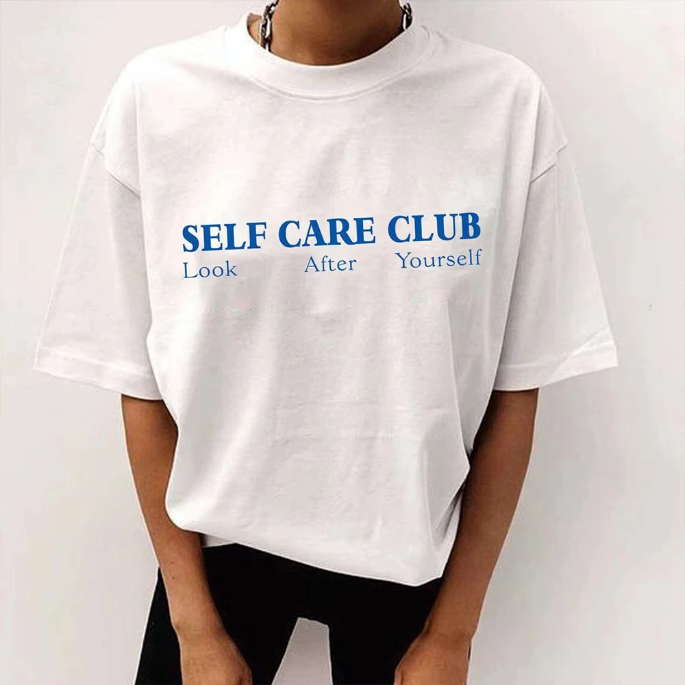 

Self Care Club Letters Printing American Vintage Style Female White T Shirts Summer Short Sleeve Loose Cotton Tops Casual Tees