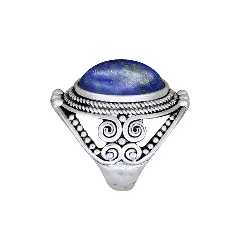 Oval Lapis Lazuli Rings For Women Natural Stone Flower Rings Vintage Antique Silver Plated Fashion Jewelry TR622