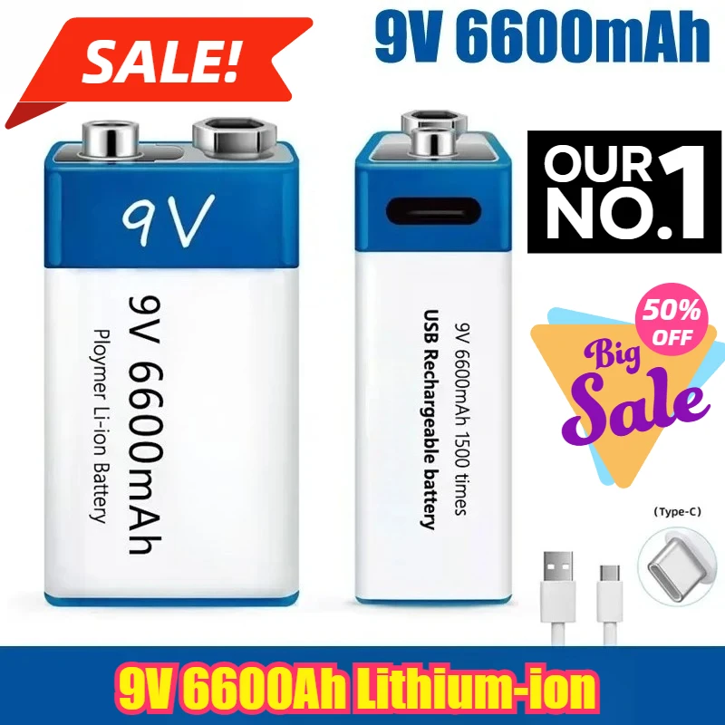 

9V 6600Ah Lithium-ion Fast Charging Battery TEYT-C Interface USB Battery for Multimeter Microphone Toy Battery