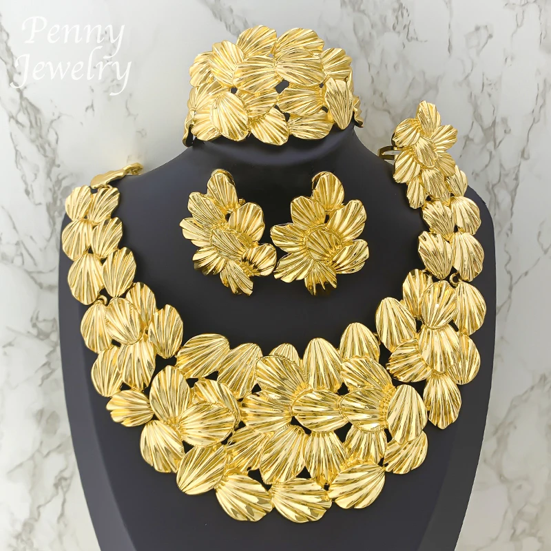 

Textured Luxury Collar Necklace Drop Earrings Bracelet Ring Big Size Choker Gold Plated Jewelry Set Bridal Wedding Party Gifts