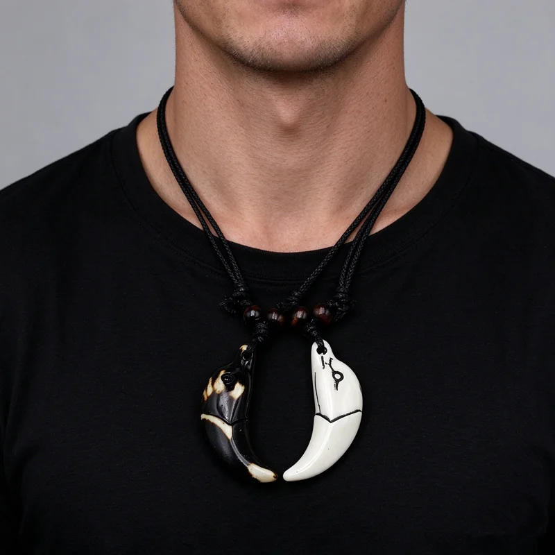 Dolphin Shaped Faux Tooth Necklace Resin Imitation Bone 2 Colors Adjustable Black Cord Surfer Beach Jewelry