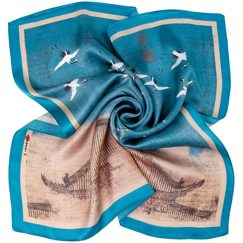 53cm 100% Pure Silk Bandana Female Hair Scarf Chinese Painting Cranes Handkerchief Natural Silk Women Headband Men Pocket Square