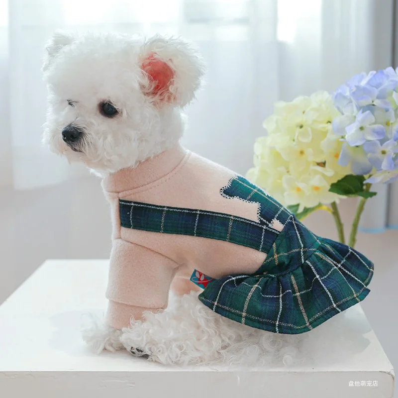 1PC Pet Clothes Cat Autumn/Winter Thick Bear Hug Green Plaid Princess Skirt Suitable for Small and Medium Dogs