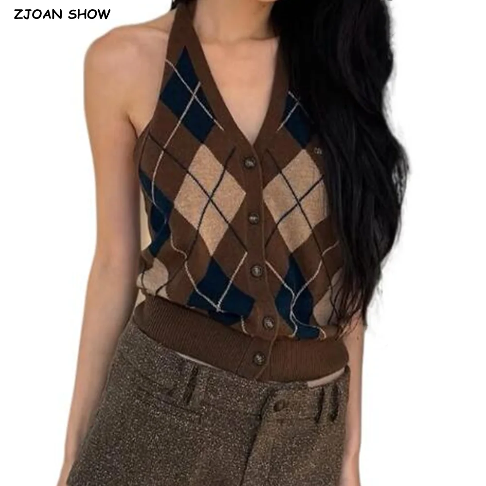 

Весенне-летний шикарный вязаный жилет с V-образным вырезом и геометрическим узором, без рукавов, на пуговицах, кофейно-серый, для женщин
