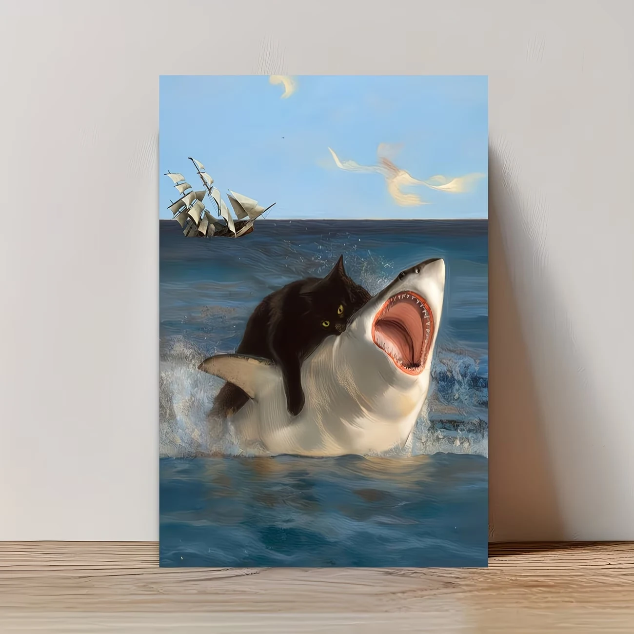 Modern Humorous Cat Shark In The Ocean Wall Art Print Canvas Painting Poster Picture For Living Room,Bedroom Home Decor image 3