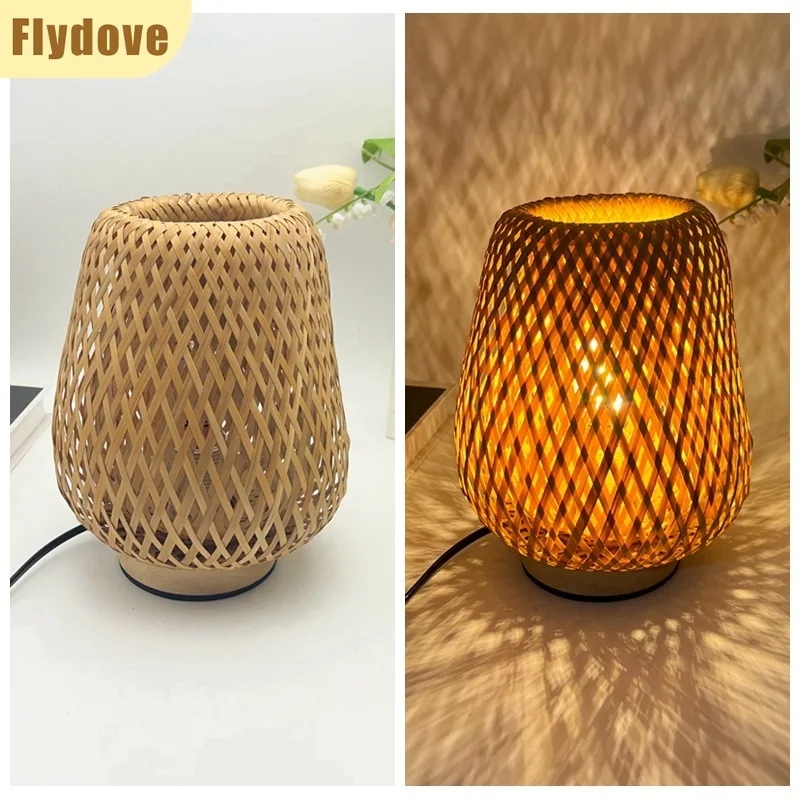 Ins Creative Retro LED Bamboo Weaving Table Lamp Restaurant Homestay Desk Decoration Atmosphere Projection Lighting Fixtures
