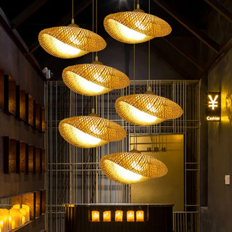 ZK50 LED E27 Handmade Rattan Chandelier Round Straw Hat Bamboo Lamp Pastoral Restaurant Chandelier Cafe Bar Decoration Light