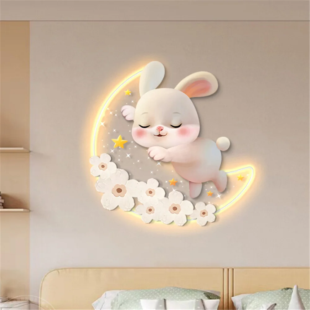 Cartoon Strawberry Rabbit Decorative Painting Led Wall Lamp Girls Bedroom Bedside Atmosphere Light Kids Acrylic Mural Sconces