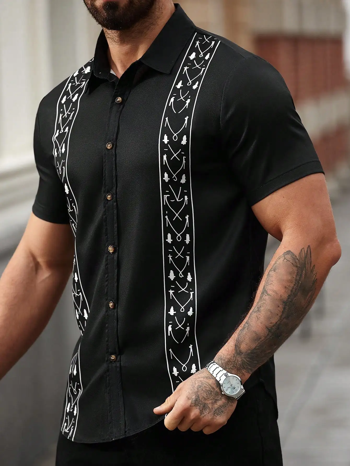 

Men's Black Short Sleeve Button-Front Shirt with White Tribal Graphic Print
