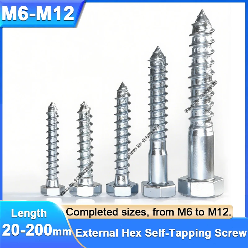 External Hex Self-Tapping Screw Bolt Hexagon Head Wood Screws, Galvanized Carbon Steel, M6, M8, M10,M12, Length 20, 25, 30-200mm