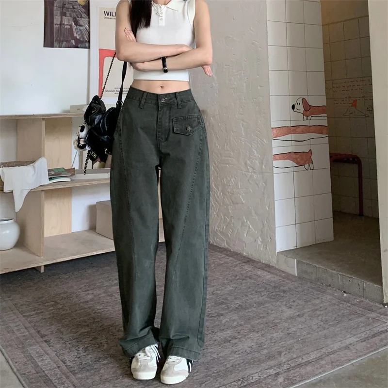

2023 трендовые женские джинсы Y2K, армейский зеленый спецодежда с высокой талией, джинсовые брюки, расклешенные широкие брюки-карго в американском стиле ретро 2647