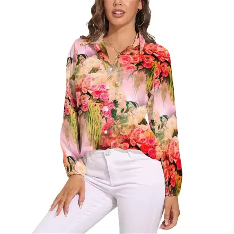 Red Roses Blouse Ladies Shirts Floral Print Retro Pattern Blouses Woman Casual Loose Shirts Spring Summer Long Sleeve Blouses