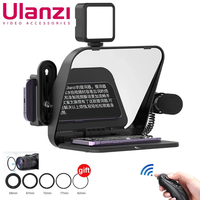 Ulanzi-Teleprompter plegable RT02, adaptador de lente de 9 pulgadas para Smartphone, cámara, tableta, con Control remoto, 58/67/72/77/82mm