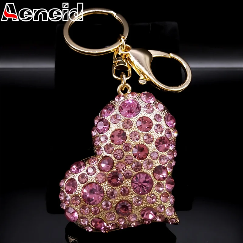 Pink Crystal Sparkling Heart Key chain for Women Exquisite Sweet Alloy Rhinestone Keyring Car Bag Accessories Jewelry K9233S04