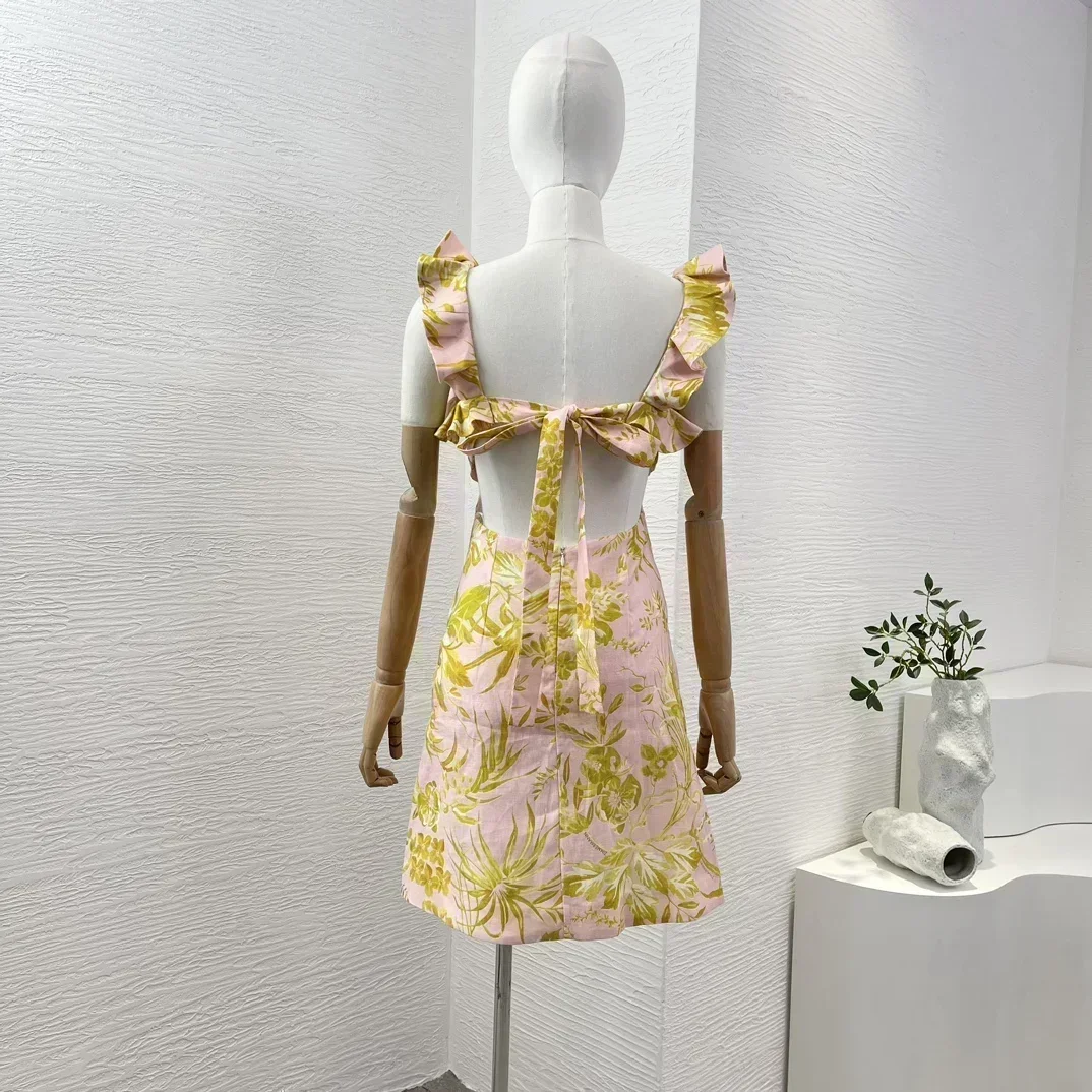 Women New Collection Beach Vacation Holiday Linen High Quality Pink Yellow Floral Print Ruffles Sleeveless Mini Dress