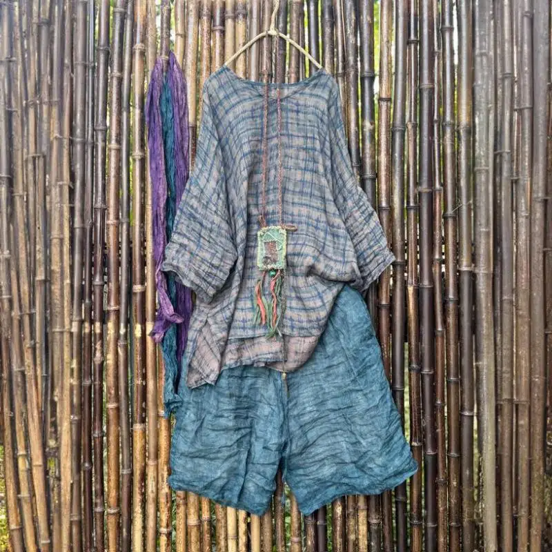 Printemps été Arts Style femmes col en v ample Long T-shirt mince Ramie Plaid imprimé Vintage T-shirt femmes hauts de haute qualité T56