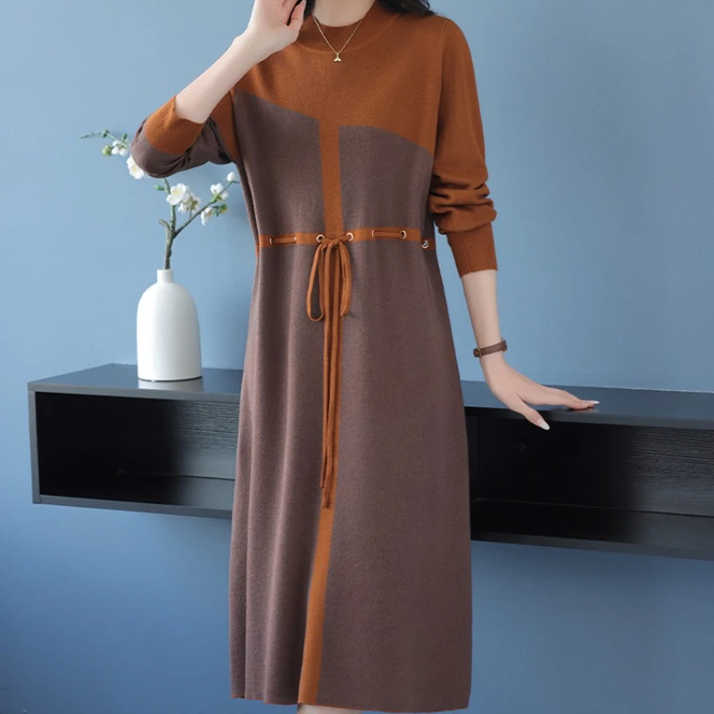 

Новые женские осенне-зимние платья, подходящие по цвету платье-свитер с полувысоким воротником, модные свободные вязаные платья средней длины с длинными рукавами